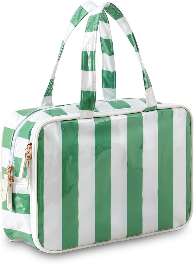 Toiletry Bag for Women, White and Green Stripe | Clear Coated,Waterproof,Multiple Compartment,Open Flat,Handle,Travel Organizer for Shampoo,Conditioner,Cosmetic Accessories by THOVSMOON