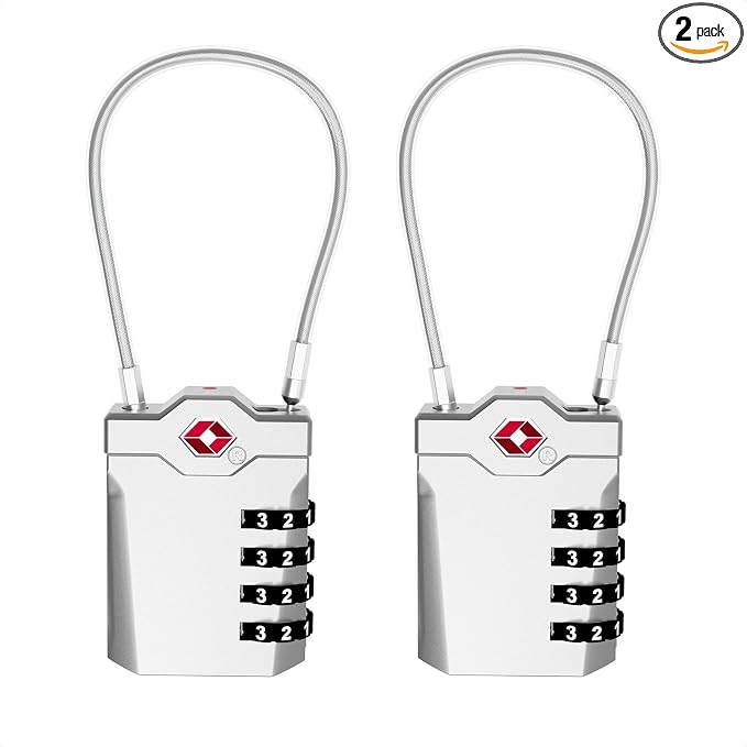 TSA Approved Locks for Luggage, 2 Pack Combination Travel Steel Cable Lock, Re-settable 4 Digit Padlocks with Inspection Indicator, Alloy Body Keyless Padlock for Lockers, Backpacks, Bags - Silver by XOOL