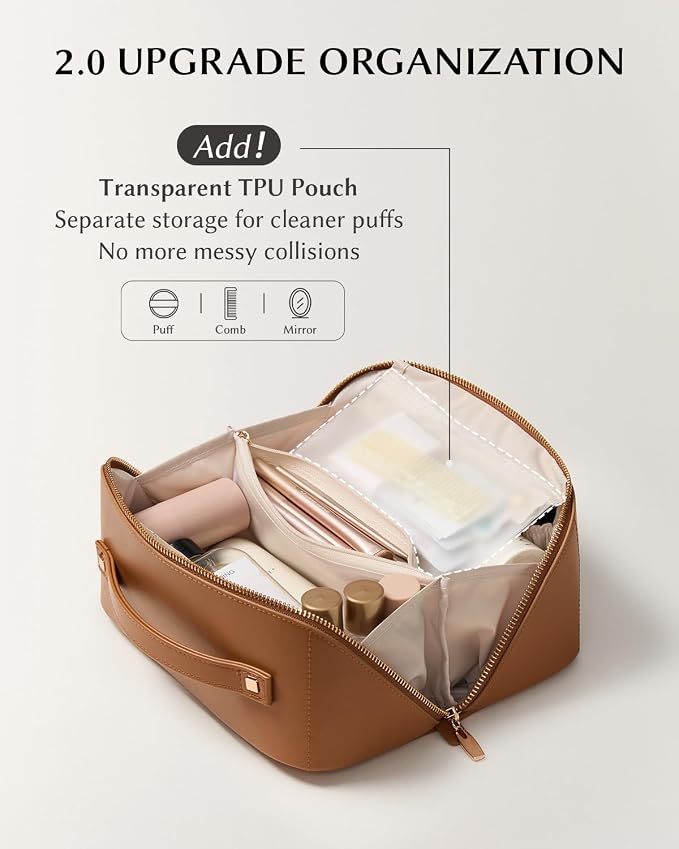 EACHY Travel Makeup Bag, PU Leather Cosmetic Bag for Women, Desert Yellow | PU leather organizer opens flat with two TPU brush pockets and divided storage for makeup, skincare, toiletries and travel - Image 3
