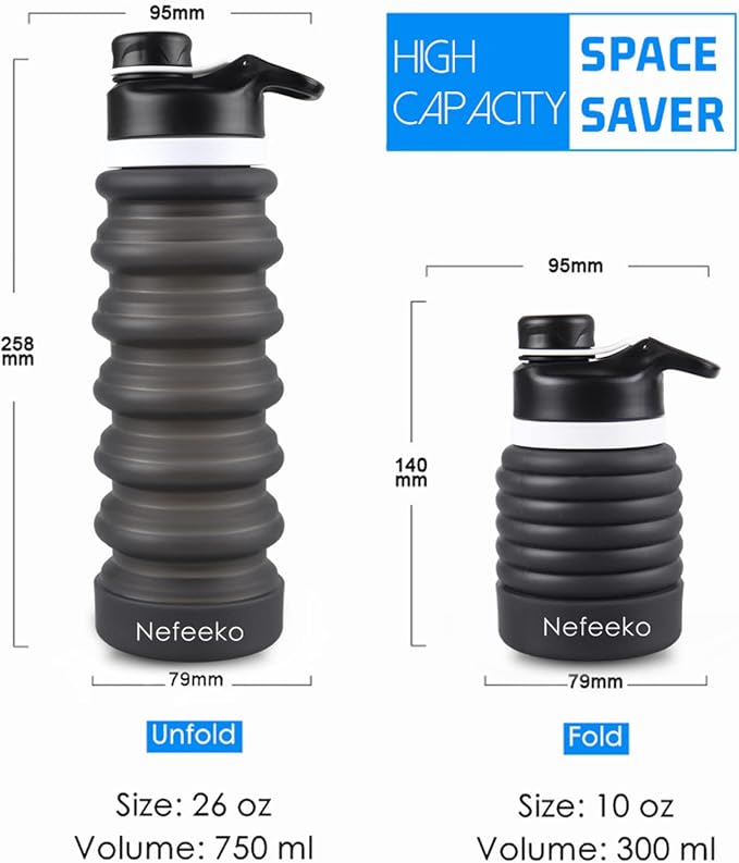 Nefeeko Collapsible Water Bottle, 26oz Silicone Foldable Water Bottles | Leakproof BPA Free Travel Water Bottles with Carabiner,Portable Sport Water Bottles for Camping,Hiking Outdoor Indoor Sport - Image 3