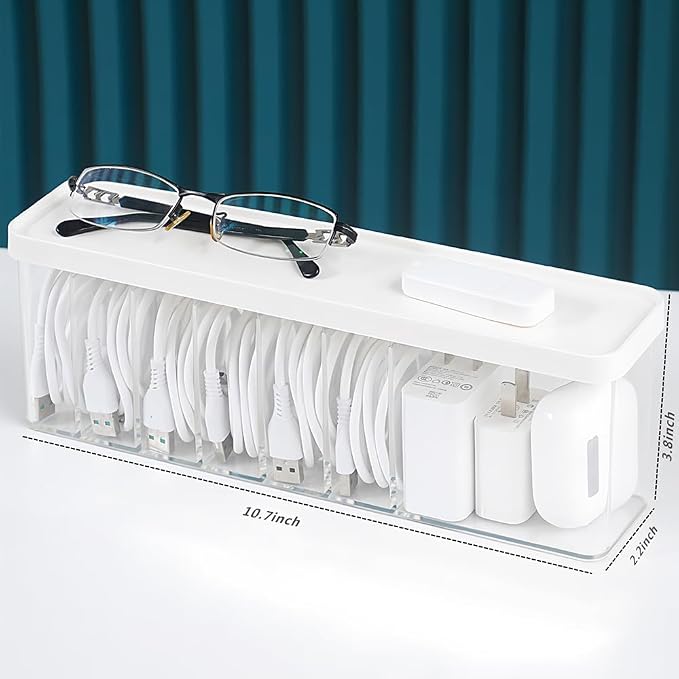 Charger Cable Cord Storage Organizer Box - Easy Storage Without Cable Ties | with Lid,Dust-Proof,Space Saving,6 Standard Space and 1 Larger Space,for Home Office Desk Accessories Supplies - Image 2