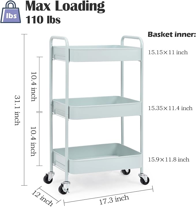 TOOLF 3 Tier Metal Rolling Cart, Utility Storage Cart with Wheels, Green | Screwless Assembly, Lockable Metal Wheels, Trolley Organizer for Bathroom, Kitchen, Office, Dorm, Laundry, Craft Room - Image 2