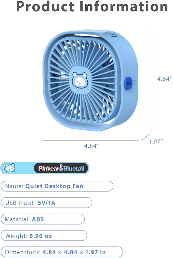 Small Desk Fan, 3 Speed Settings, USB Table Fans for Bedroon, Home/Office/Dorm, Quiet, Cute Mini Fan for Kids, Indoor/Outdoor, F101 (Blue Bear) - Image 6