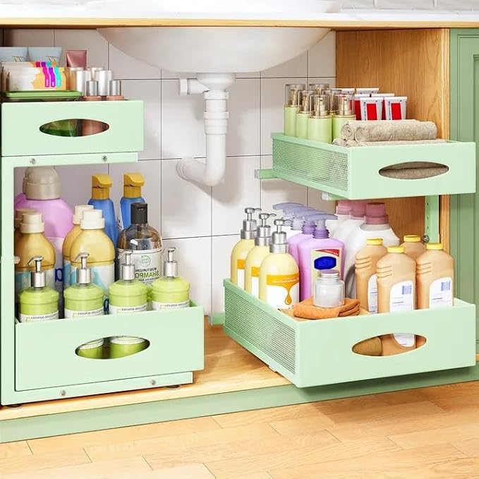 Under Sink Organizer, 1-Pack Pull Out Cabinet Organizer 2 Tier Metal Slide Out Storage Shelf Rack, L-Shaped Adjustable Height,Mesh Sliding Drawer for Kitchen, Bathroom, Laundry, Pantry, Green, XL by Kitstorack