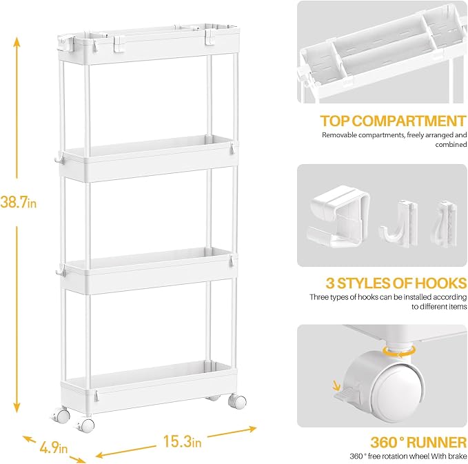 Slim Storage Cart 4 Tier,Bathroom Organizer Rolling Utility, Mobile Shelving Unit Slide Out for Office, Kitchen, Laundry Room & Narrow Places,White - Image 3