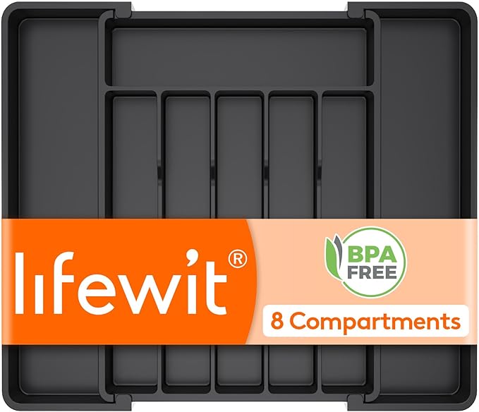 Lifewit Expandable Silverware Drawer Organizer, Kitchen Utensil Tray | BPA-free Plastic Flatware Cutlery Holder, Space-Saving Storage for Spoons Forks Knives, 11-18 x 14 x 1.5“, Black by Lifewit