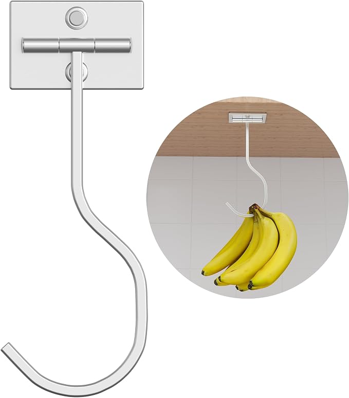 bussdis Under Cabinet Banana Hook Foldable - Adhesive Banana Hanger Under Counter, Heavy Duty Stainless Banana Holder (13lb), Magnetic Fold-Up When Not in Use, Premium Material, Silver | Foldable Banana Hanger, Metal Banana Holder, Hold 20 Bananas, Spa... by BUSSDIS