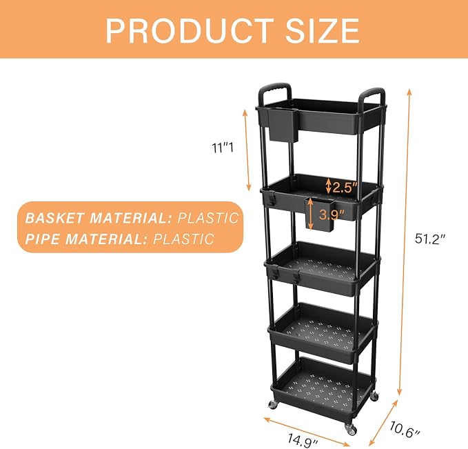 5 Tier Rolling Utility Cart with Handle,REBECAT Utility Cart Made of Multifunctional Storage Organizer Tool for Kitchen,Bathroom,Living Room,Office(Black) - Image 5