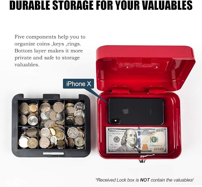 Kyodoled Medium Cash Box with Money Tray,Small Safe Lock Box with Key,Cash Drawer,7.87"x 6.30"x 3.54" Red Medium - Image 4