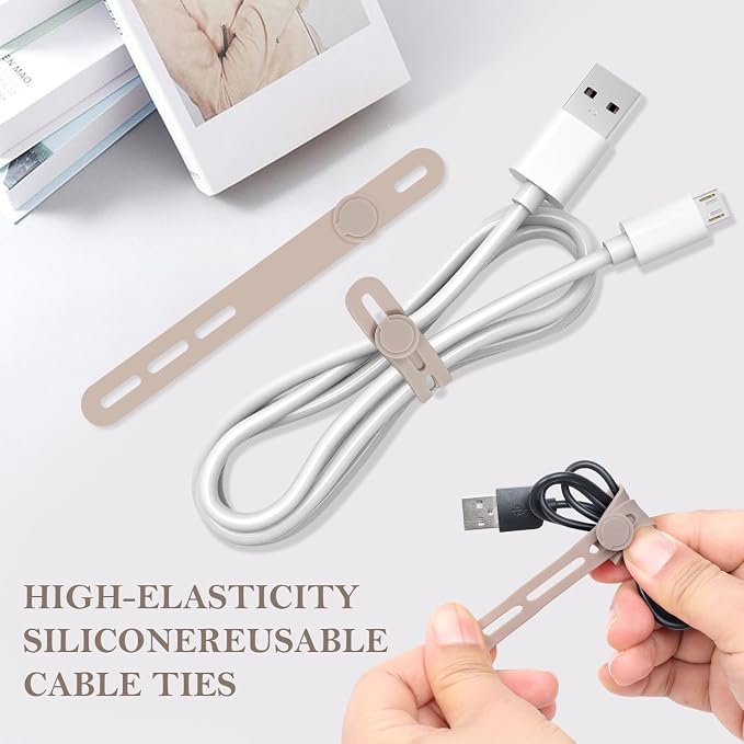 Donruby 30Pcs Silicone Cable Ties - Reusable & Washable with Adjustable Locking Buckles, High Elasticity Cable Management Straps for Home, Office, School, Travel Essential Cord Organizer (Khaki) - Image 3