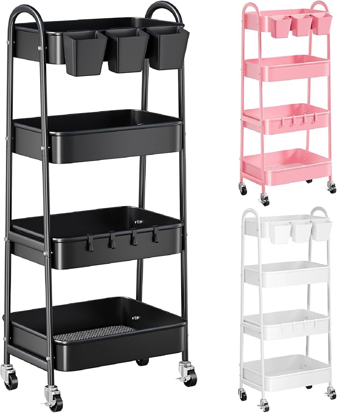 Black 4 Tier Rolling Cart Metal with Lockable Wheels, Four Tiered,38in Tall | Storage Rolling Cart on Wheels, Heavy Duty Utility Organizer Carts for Laundry, Kitchen, Dorm, Craft, Art, Snack, Mesh Basket by Recximi