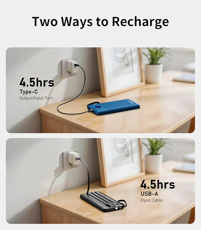 Portable Charger with Built in Cables, Slim 10000mAh Power Bank, USB C Battery Pack Travel, 4 Output 2 Input External Charging Bank for iPhone 17/16/15/14/13,Samsung, Android, etc-Black&Blue(2 Pack) - Image 7
