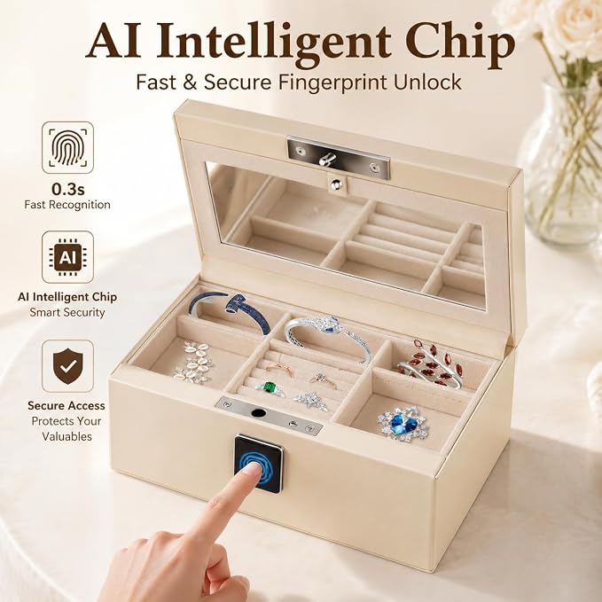 Jewelry Safe, Biometric Fingerprint Safe, Leather Wrapped Jewelry Box with Lock & Mirror, Ultra-Lightweight Jewelry Box Suitable for Home Use & On-the-Go(Three-Tier White) - Image 3