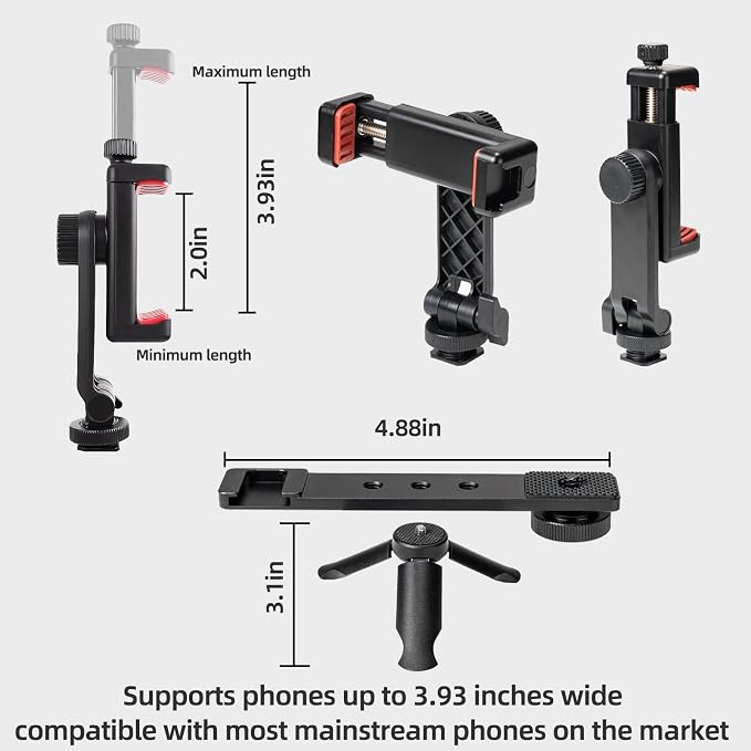 Phone Holder Mount with Mini Tripod for DJI Osmo Pocket 4/3, Vlog Rig with Cold Shoe & 1/4" Thread, 180° Adjustable Phone Clip for Live Streaming & Vlogging - Image 5