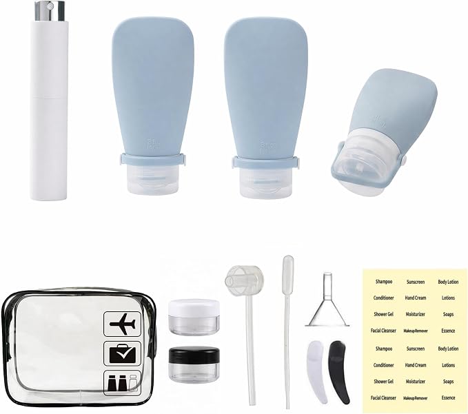 13pcs Travel Size Bottles Set with Bag, TSA Approved Silicone Travel Toiletries Containers with 4-Way Leak-Proof Design with Silicone Strap, Perfume Atomizer, Travel Essentials for Men Women by evbetter
