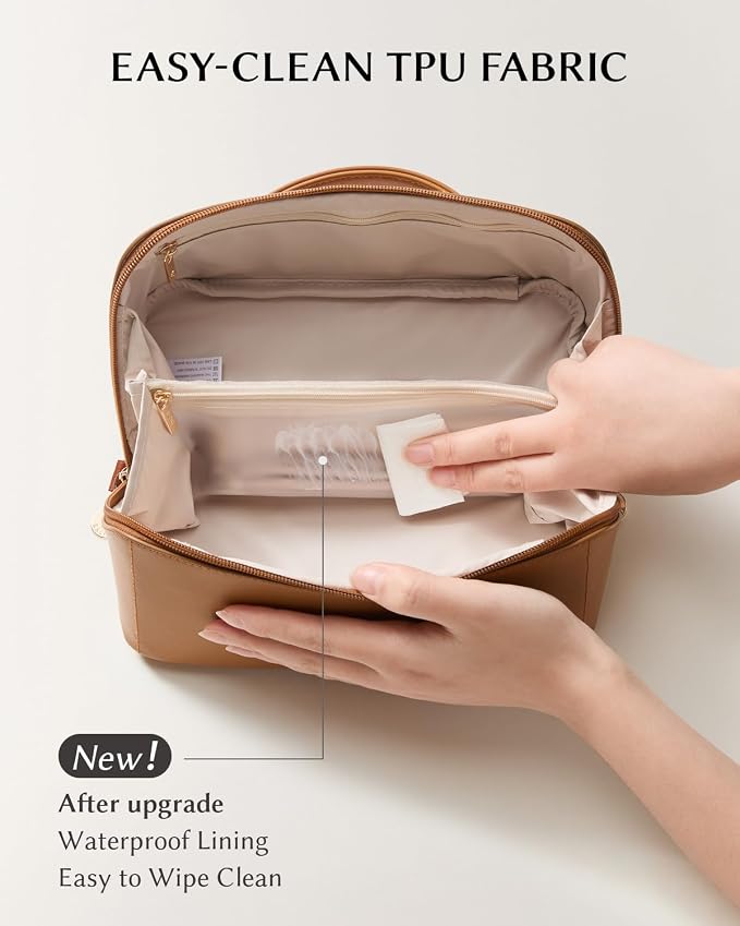 EACHY Travel Makeup Bag for Women, PU Leather Cosmetic Bag, Brown, Medium | PU leather organizer opens flat with two TPU brush pockets and divided storage for makeup, skincare, toiletries and travel - Image 5