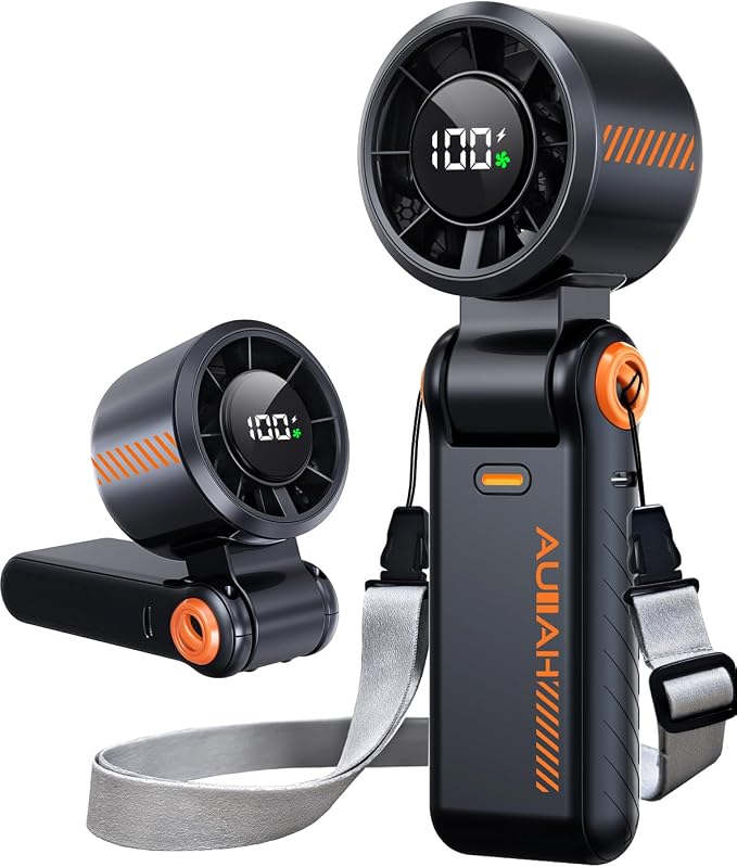 Portable Handheld Turbo Fan - 5 Speed Mini Personal Fan with Strong Airflow, Foldable 3 in 1 Rechargeable Battery Operated Trave Essentials Hand Fans for Indoor/Outdoor Use, Black by AUIIAH