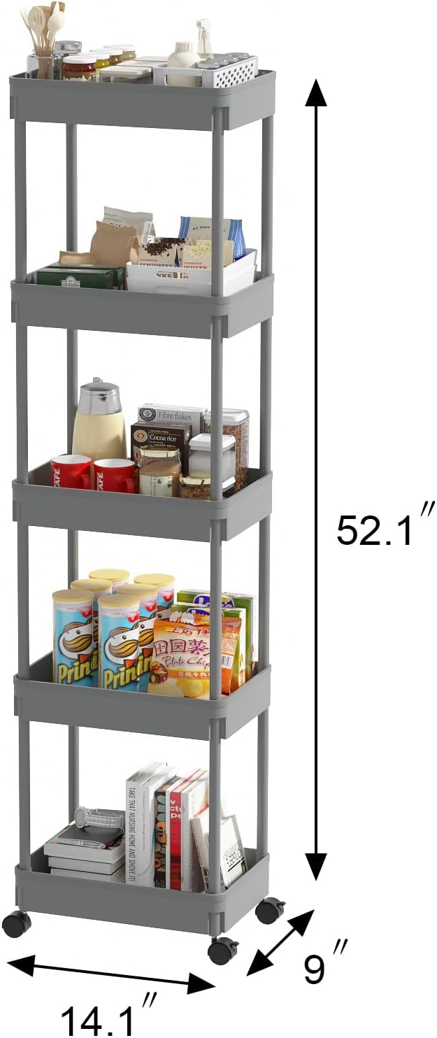 Sooyee 5-Tier Plastic Rolling Utility Cart with Wheels, Grey | Multi-Functional Storage Trolley for Office, Living Room, Kitchen, Movable Storage Organizer with Wheels - Image 5