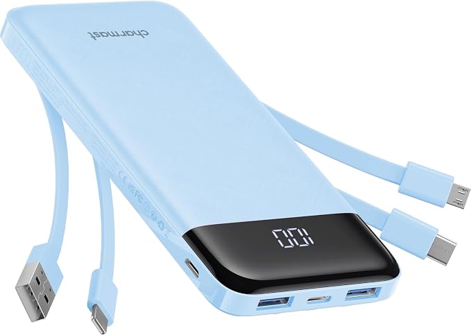 charmast Power Bank Portable Charger with Reinforced Built-in 4 Cables | 3A Fast Charging,10000mAh,6 Outputs 3 Inputs,Travel Essentials,TSA Compliant,LED Display,compatible with iPhone Samsung Moto by charmast