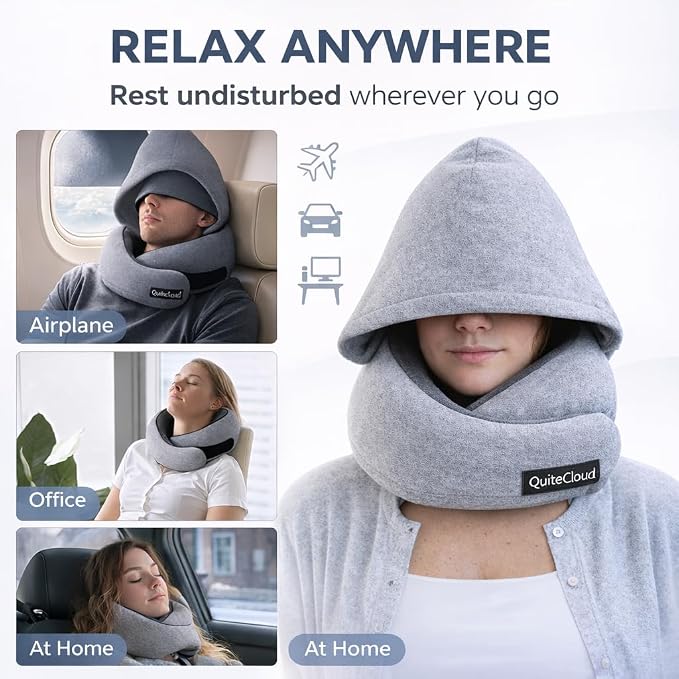 Travel Neck Pillow Hooded Memory Foam 360° Head & Chin Support, Lightweight Breathable Adjustable Fit Travel Neck Pillow with Eye Mask, Earplugs & Carry Bag for Airplanes, Car, Bus, Train & Long Trips - Image 8