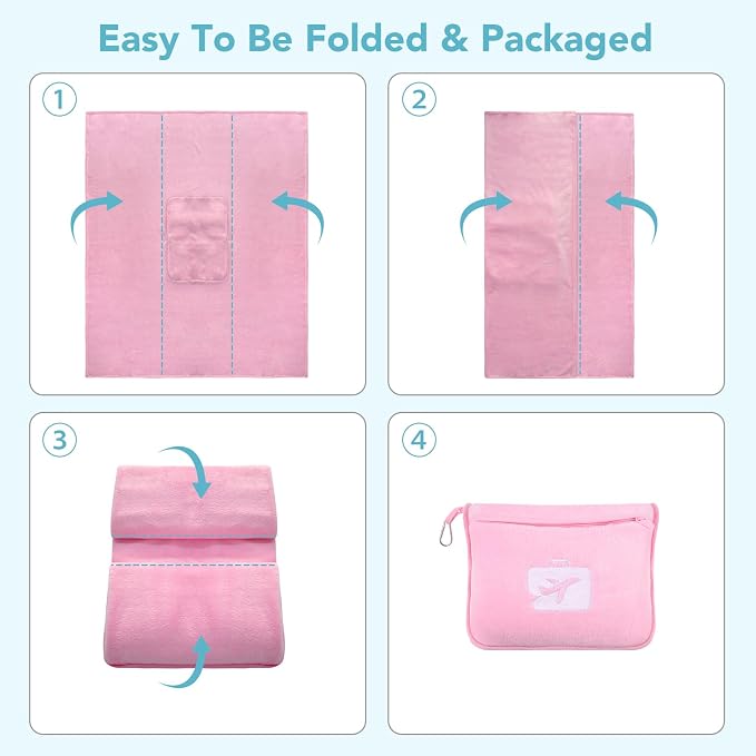 Travel Pillow and Blanket 2-in-1 Set Airplane Pink 60x50 Inch | Plane Packable, Soft Warm and Lightweight Flannel, Hand Luggage Sleeve and Backpack Clip, Plane Flight Car Trips - Image 8