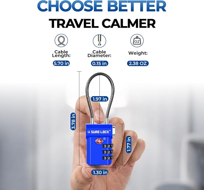 SURE LOCK TSA Approved Luggage Locks with Open Alert Indicator, 3 Digit Combination Cable Travel Lock for Suitcase, Backpack, Gym Locker, Toolbox, Carry On & Travel Bag - Image 7