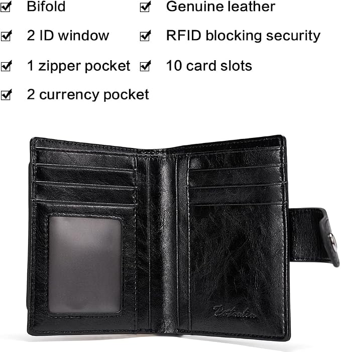 BOSTANTEN Leather Womens Wallet Small RFID Blocking Credit Card Holder | Removable ID Window, Zipper Coin Pocket, Bifold, Minimalist, Fits Small Purses, Daily Use, Ladies Gifts, Black - Image 7