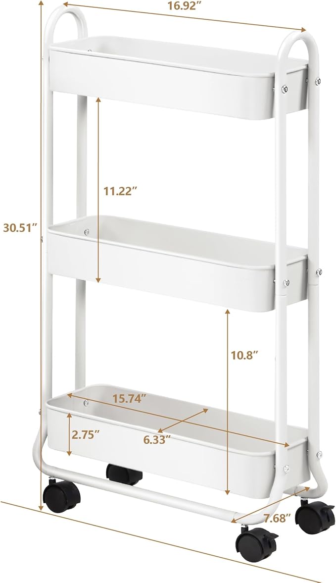 SunnyPoint Slim Rolling Storage Cart, 3 Tier Bathroom Storage Organizer Bathroom, Laundry Utility Cart (White) - Image 6