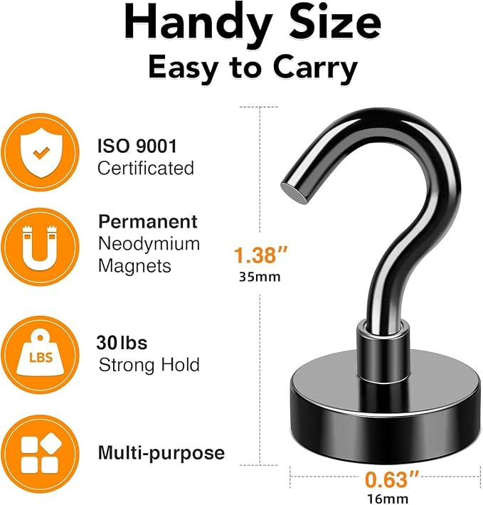 Black Magnetic Hooks Heavy Duty 30 LBS Strong Magnets for Cruise | 6 Pcs Neodymium Earth Magnets with Hooks for Hanging Super Metal Industrial Magnetic Hanger for Grill Cruise Storage - Image 3