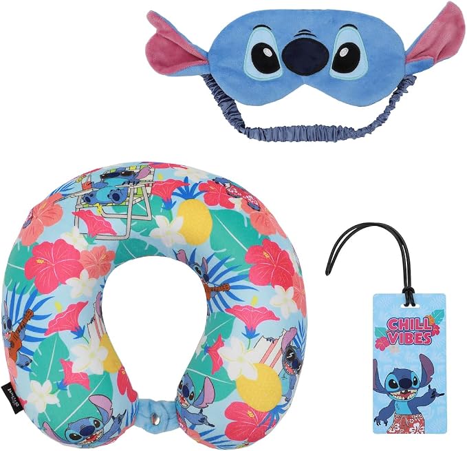 Lilo & Stitch kids Travel Set with Neck Pillow, Eye Mask, and Luggage Tag - Comfort and Style for Young Travelers! by Bioworld