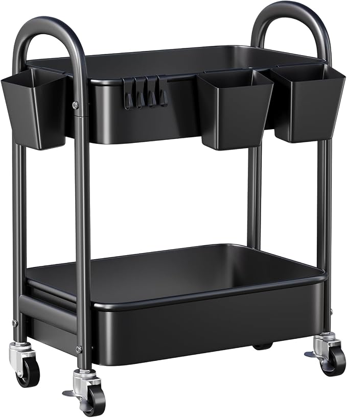 2 Tier Rolling Cart Metal on Wheels,Two Tiered Short Side Table with Wheels | Heavy Duty Under Desk Mobile Shelf Trolley, Small Utility Storage Carts Organizer for Craft, Art, Office,Kitchen,Black Basket by Recximi