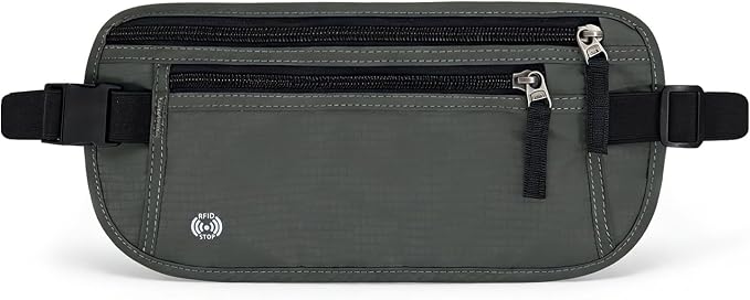 FuninCrea Waterproof Hidden Money Belt for Travel, Anti-Theft Belt Bag with RFID Blocking Function Adjustable Slim Waist Bag with 2 Zipper Pockets & 1 Back Pocket for Travel Running (B, Deep Grey) by FuninCrea