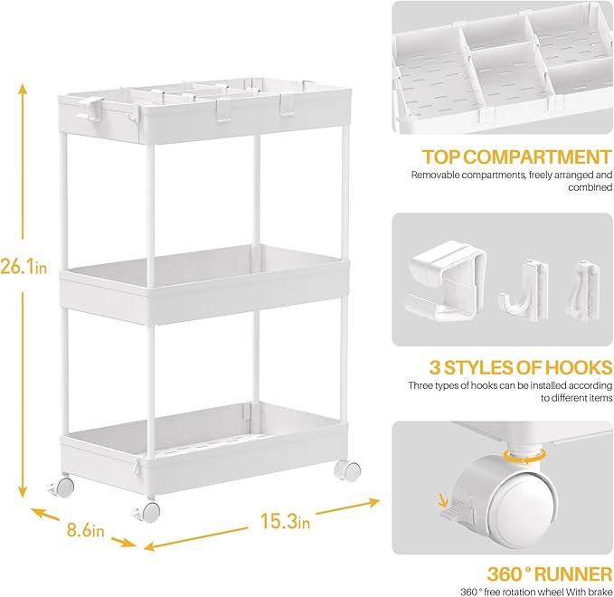 3 Tier Rolling Cart with Wheels, Storage Craft Art Trolley Organizer Serving, 3 Hanging Baskets Easy Assembly, for Office, Bathroom，Living Room, Kitchen, White - Image 2