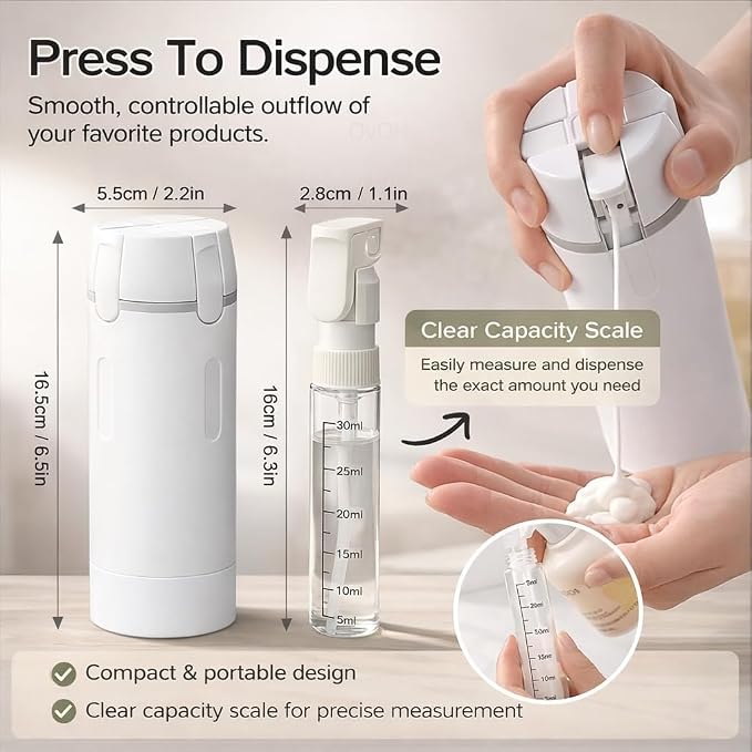 4-in-1 Travel Bottles for Toiletries, Travel Pump Bottle，Leak-Proof Shampoo Conditioner Lotion Dispenser with Pump, Compact No-Spill Toiletry Containers for Travel & Business Trips (White) - Image 3