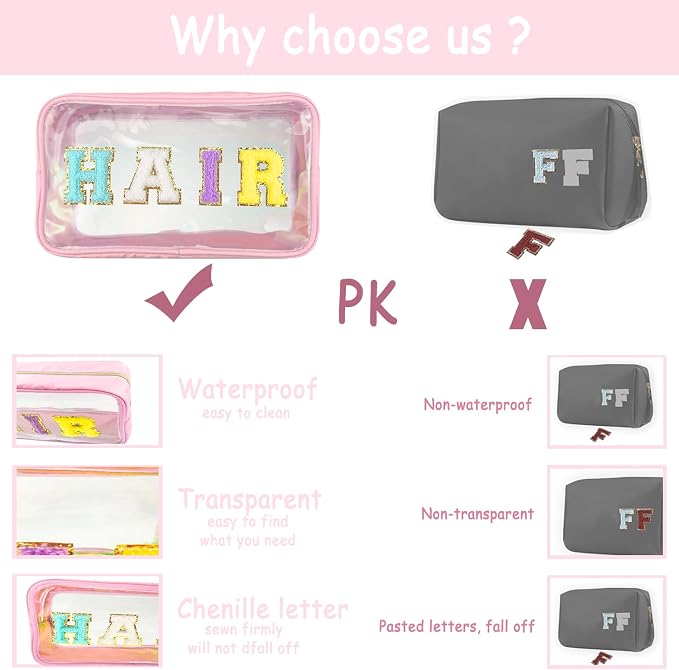 Bunliuys Chenille Letter Clear Makeup Bag Travel Patch, Travel Toiletry Makeup Bag with Handle, Nylon Waterproof Makeup Bags clear cosmetic bag, preppy patch makeup bag for Women (TRAVEL-Pink) - Image 4