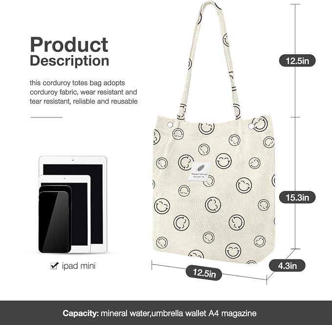LHMTQVK Corduroy Tote Bags for Women, Large Capacity Tote Purse Reusable Grocery Shoulder Bag with Inner Pockets - Image 3
