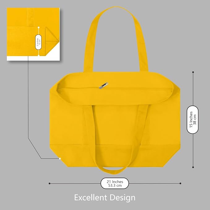 TOPDesign 6-Pack Canvas Tote Bags with an External Pocket, Reusable Grocery Shopping Bags, Top Zipper Closure, Daily Essentials (Yellow) - Image 5