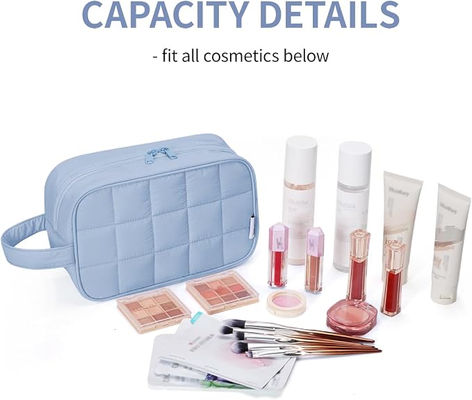Narwey Puffy Travel Toiletry Bag for Traveling Women Girl, Travel Bag for Toiletries, Cute Makeup Bag Cosmetic Bag Organizer, Quilted Make Up Skincare Medicine Bags (Blue) - Image 3