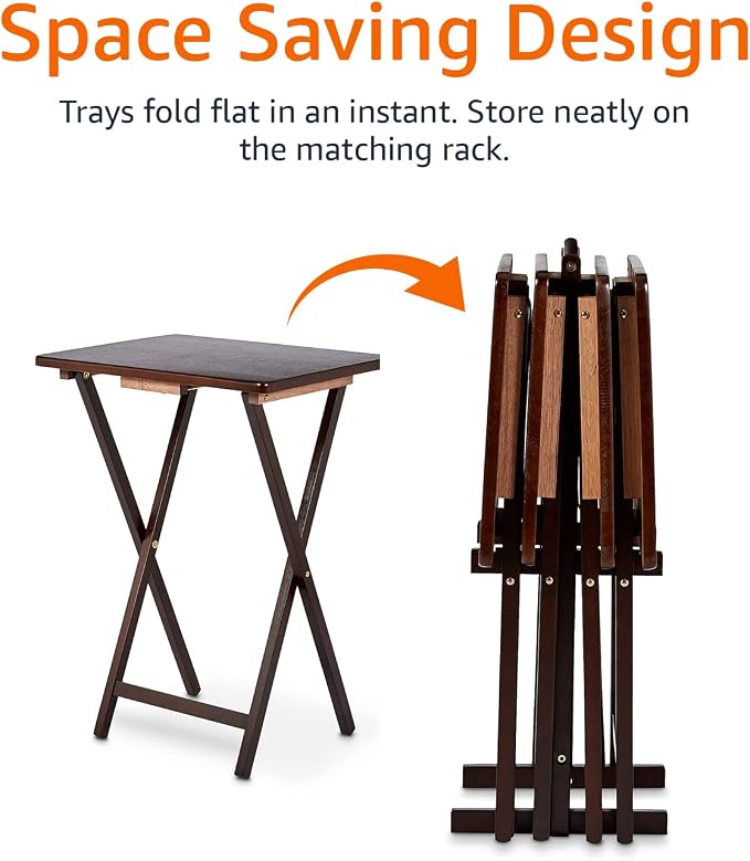 Amazon Basics Portable Foldable TV Tray Table with Storage Rack, Space-Saving Design, Sturdy Wood, 14.6" L x 19" W x 26" H, Espresso, 4-Pack - Image 5