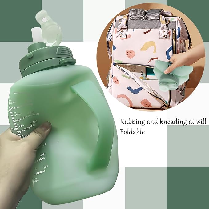 64oz Collapsible Silicone Water Bottle with Straw & Grip(Green) | Save Space,BPA-Free,Large Capacity,Time Marker, Foldable Sport Bottle,Portable for Gym, Hiking, Camping, Outdoor Activities - Image 5
