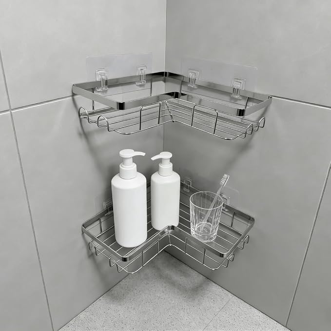 Shower Caddy 2 Pack, Stainless Steel No Drilling Adhesive Bathroom Organizer Shelf Rack, Corner Shower Shelf with Hooks for Home Decor & Storage - Image 9
