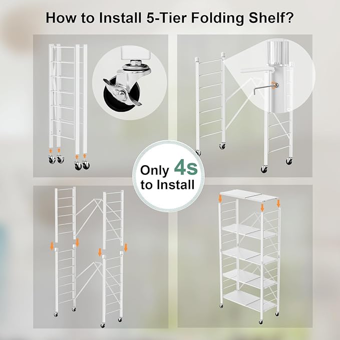 Himix 5-Tier Foldable Storage Shelves with Wheels Expandable Kitchen White | Folding shelving units, Metal collapsible organization, Changeable into 2 shelf units, Garage, Adjustable, Holds 2400 Ibs - Image 5