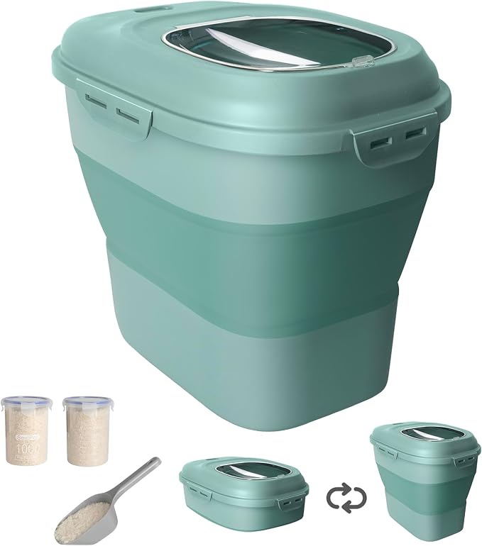 20-50 Lbs Food Storage Containers,Collapsible Rice Container with Wheel Airtight Locking Lid,Flour Storage Container with Small Food Jar and Scoop,Suitable for Food,Rice,Pet Food,Flour by DDMOMMYCOLLAPSIBLEFOODSTORAGECONTAINERFAMILY