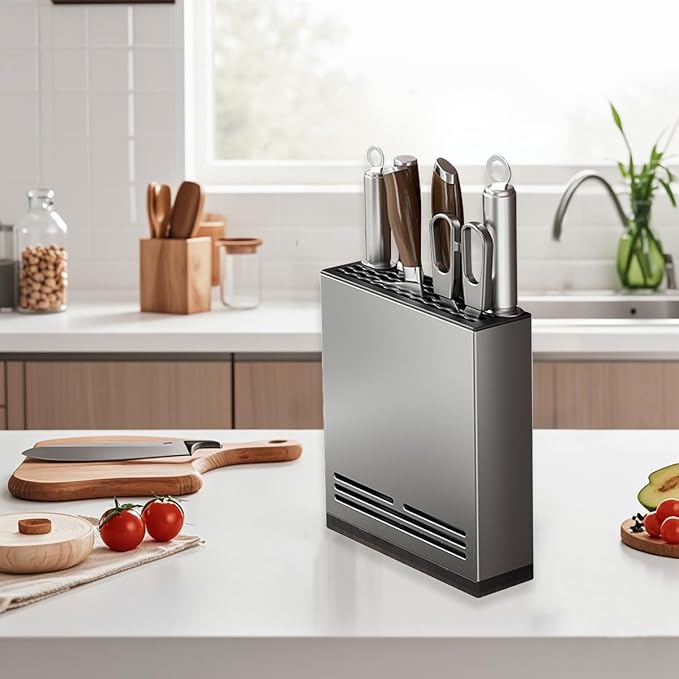 Magnetic Universal Knife Block Holder, Magnetic Aluminum Knife Holder for Refrigerator with Slots for Scissors and Sharpening Rod Storage Stand Display Unique Slot Design to Protect Blade - Image 5