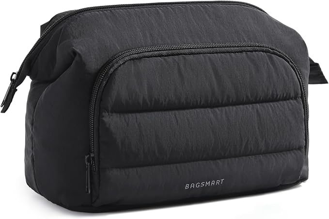 BAGSMART Travel Makeup Bag, Cosmetic Bag Small Make Up Organizer Case,Wide-open Pouch for Women Purse for Toiletries Accessories Brushes,Large Beige by BAGSMART