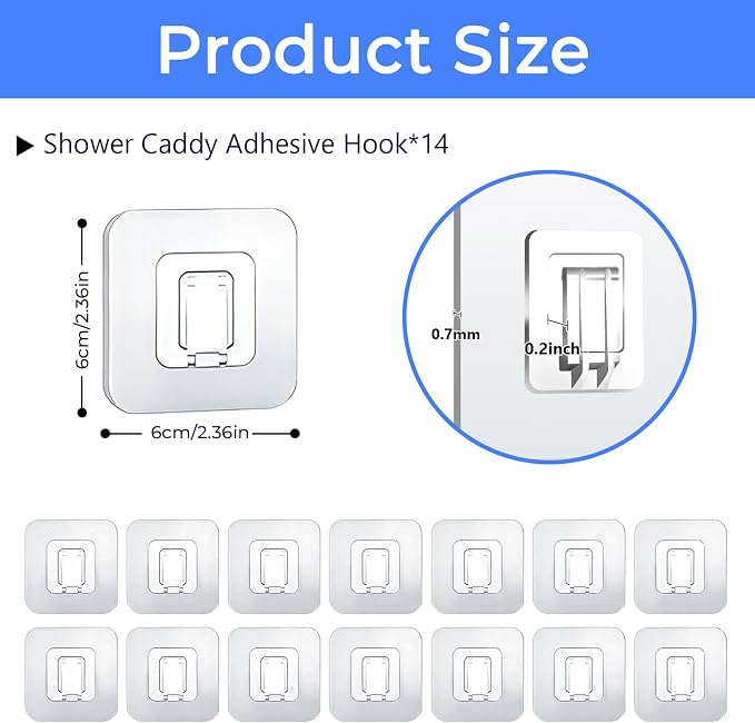 Shower Caddy Adhesive Replacement Hooks, Heavy Duty Waterproof Strips, No Drilling for Bathroom Shelves, Kitchen Racks, and Soap Holders (Transparent-14 Pack 1 Hook) - Image 5
