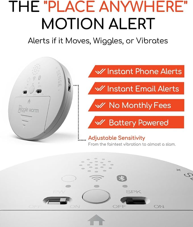WiggleWorm Alert™ Mini Motion Vibration Sensor Alarm (2-Pack) – Stick Anywhere Smart Home Detector for Jewelry Box, Kids Door, Safe & Mailbox | Phone App Instant Alerts, Audible & Silent Modes - Image 2