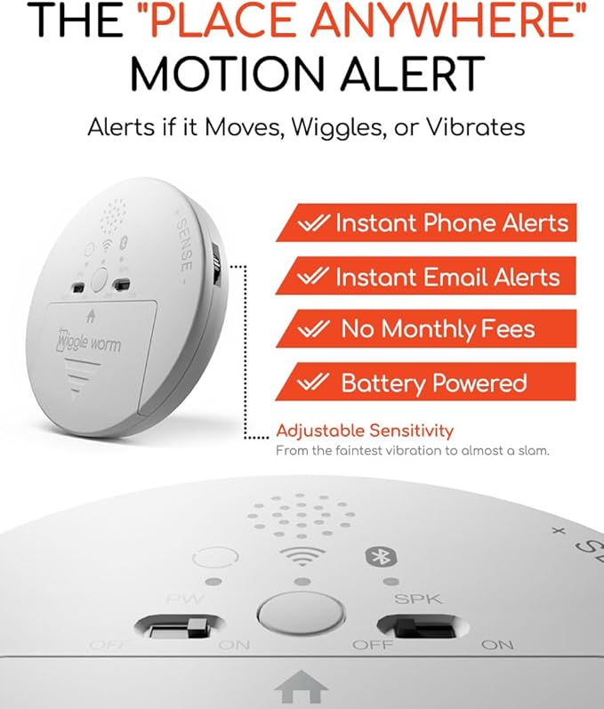WiggleWorm Alert™ Mini Motion Vibration Sensor Alarm (1-Pack) – Stick Anywhere Smart Home Detector for Jewelry Box, Kids Door, Safe & Mailbox | Phone App Instant Alerts, Audible & Silent Modes - Image 2