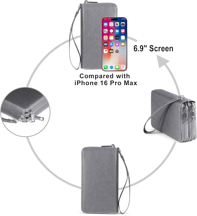 RFID Blocking Cellphone Wristlet Bag for Women Dual Zipper Travel Purse Large Capacity 17 Card Holder Ladies Phone Clutch with Removable Strap, Grey - Image 6