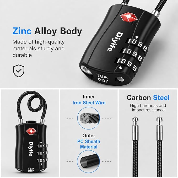 TSA Approved Luggage Locks, Diyife 2 Pack Combination Travel Cable Lock | 3-Digit Resettable Code Lock with Zinc Alloy Body for Suitcases Travel Backpack Bag Case Gym Locker, Black - Image 4